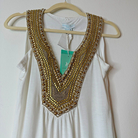 NWT Elizabeth Hurley Beach White Jemima Maxi Gold Embellished Bead Neckline Med - Picture 5 of 12